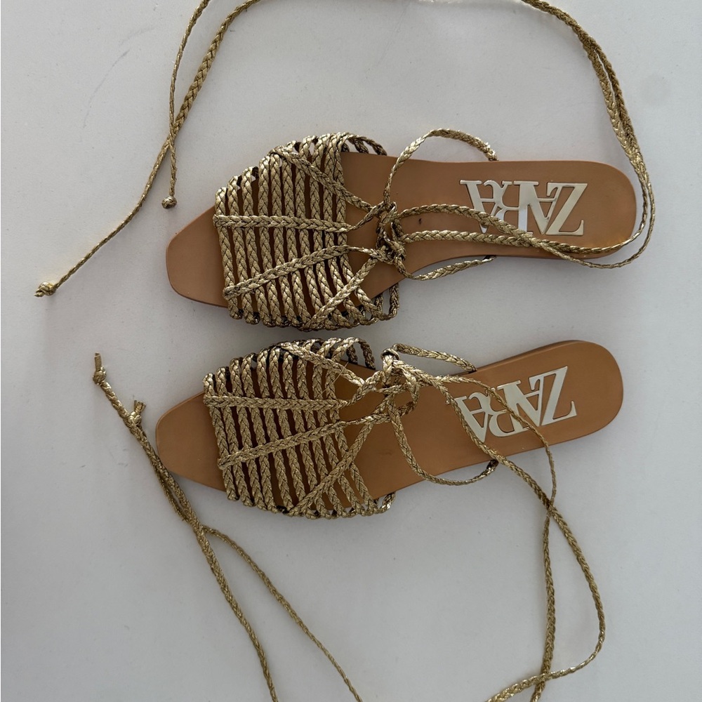 Zara Gold Strappy Sandals with Ankle Wrap